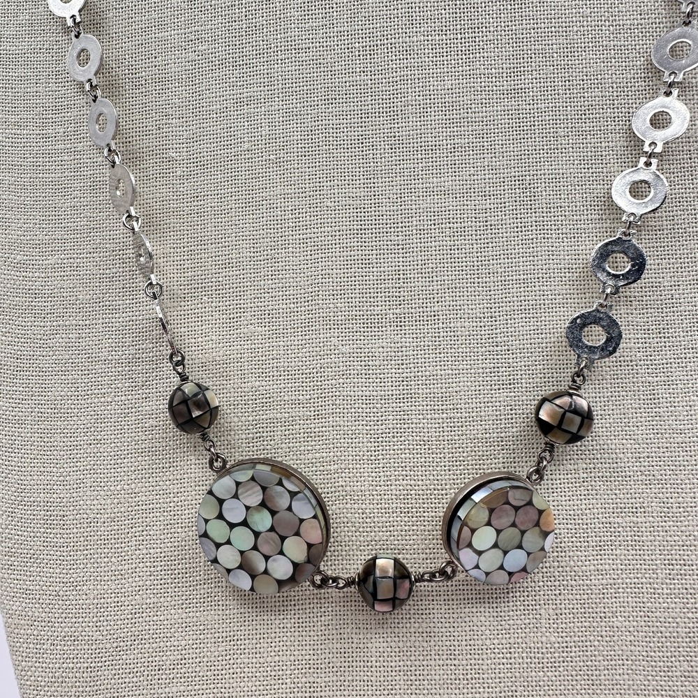 Vintage 80s Mother Pearl Hematite Mosaic Circle Link Necklace Retro Jewelry